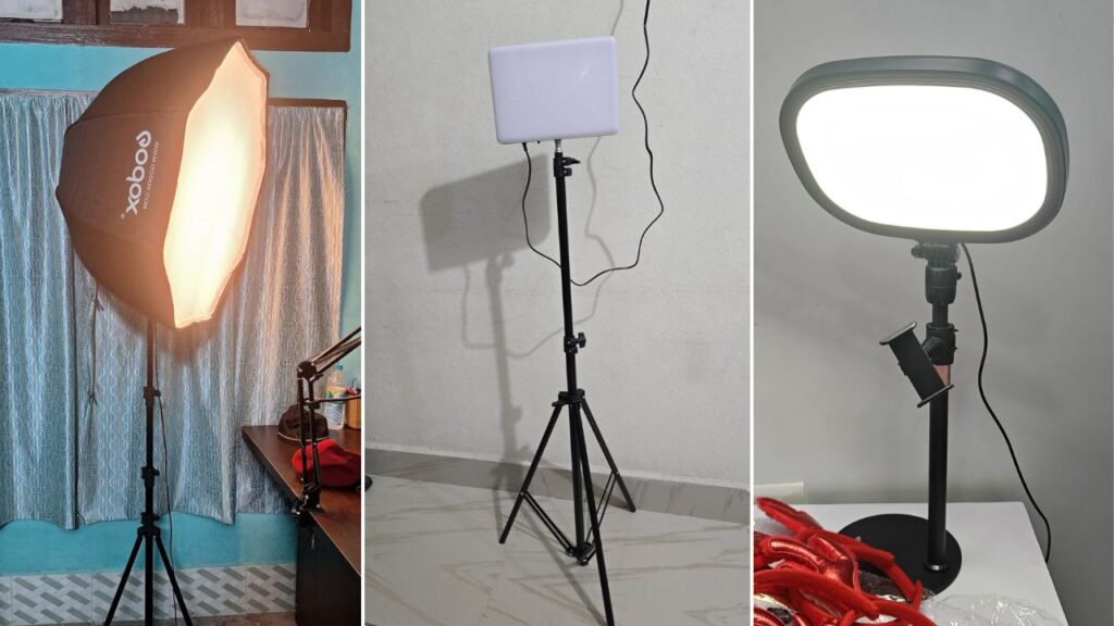 professional lighting setup for video production shoot with studio lights and equipment